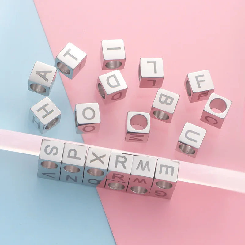 Stainless Steel Personalized DIY Jewelry Making Geometric Square Bead 4 Sides Engraved Initial Letter Spacer Charm
