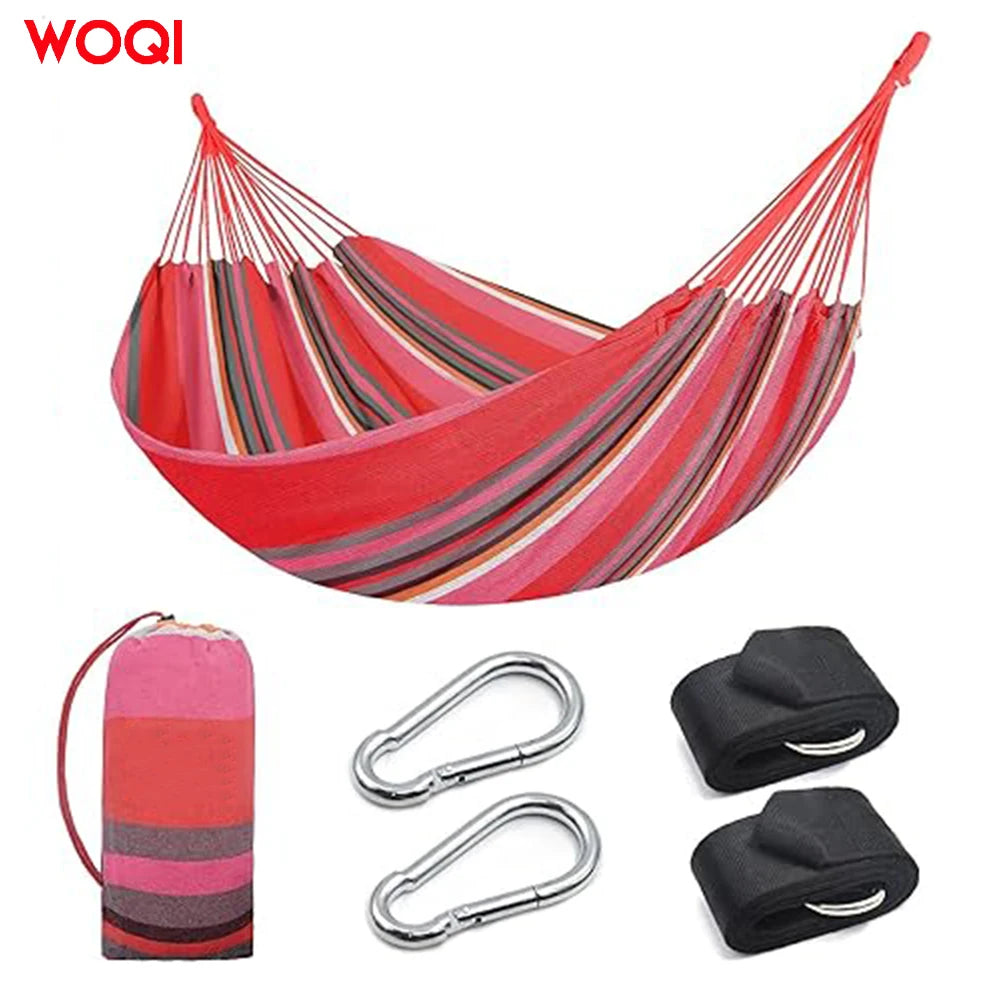 WOQI Single portable modern cotton canvas striped camping hammock with outer bag four seasons necessary hammock