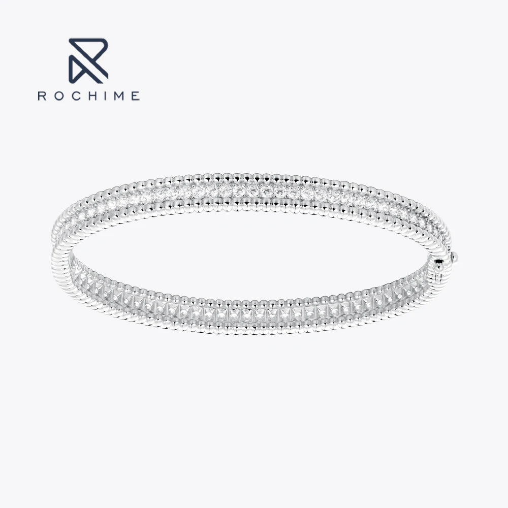 Rochime Fashion Rhodium Plated Bangle Bracelet with Bead Edge 925 Sterling Silver Cubic Zirconia Jewelry