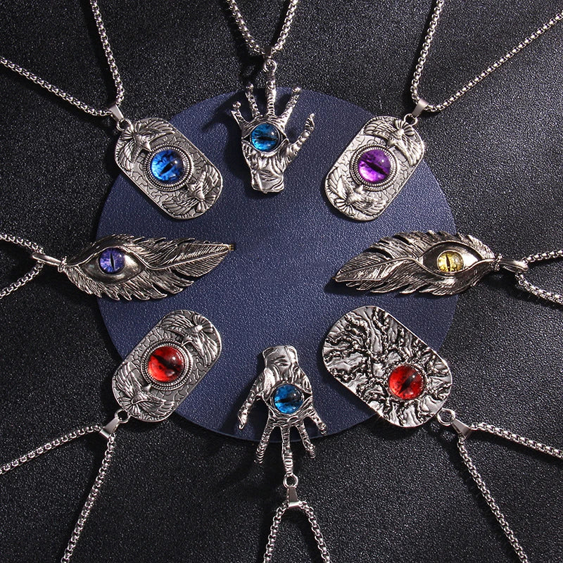 Street Hip Hop Necklace Vintage Feather Stainless Steel Necklace Multicolor Evil Devil Eye Necklace for Women