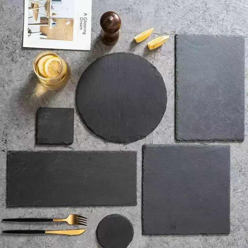 Tailai Natural Slate Plates & Coasters Set - Multipurpose Steak Platter Sushi Board & Cheese Tray for Food Serving