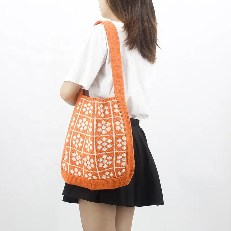 Stock Available Chic Boho Aesthetic Crochet Shoulder Tote Bag Large Capacity Knitted Fabric for Women Girls Fashionable Lady
