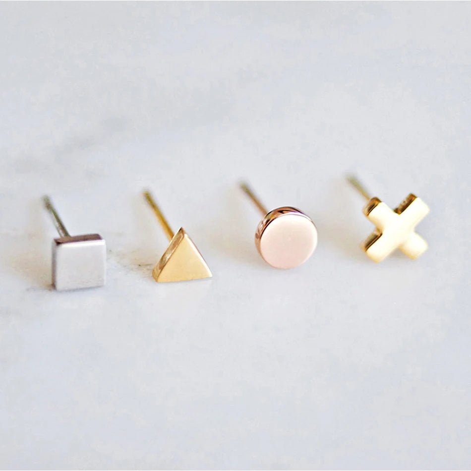 Chihang Minimalist  Ear Silver Gold Color 4MM Square Round Triangle Cross Heart Shape Stainless Steel Stud Earrings