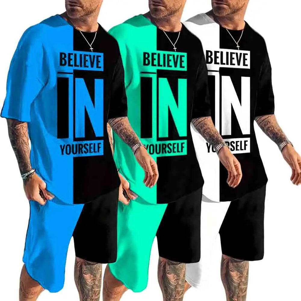 Wholesale Summer New Men's Casual Shorts Suit Short-sleeved T-shirt Printed Sportswear Suit Men's Brand Clothing Two Piece Sets