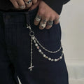 Multilayer Dainty Flower Crystal Rhinestone Imitated Pearl Jeans Pants Chain Wrist Bead Wallet Chain With Cross