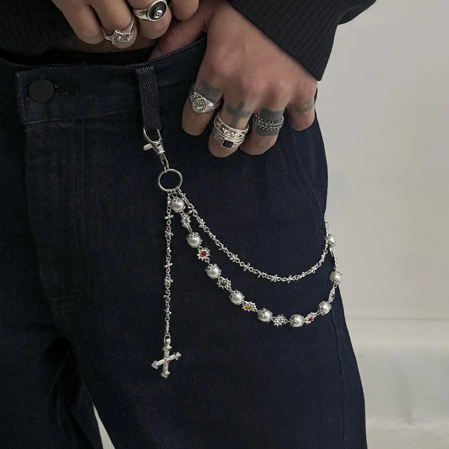 Multilayer Dainty Flower Crystal Rhinestone Imitated Pearl Jeans Pants Chain Wrist Bead Wallet Chain With Cross