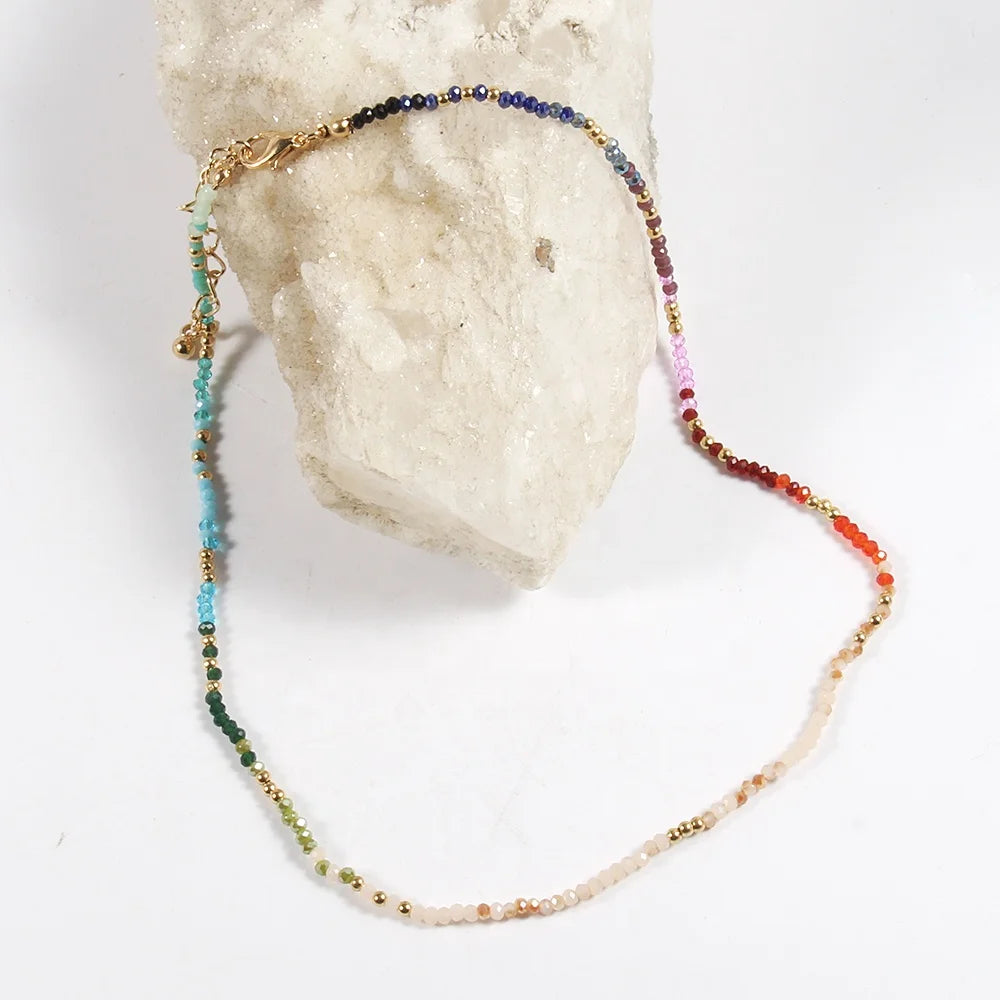 Fashion Women Spring Jewelry Golden Beads 3mm Assorted  Mini Crystal Glass Beads Short  Necklace Multicolor Choker Necklace