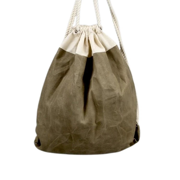 Stitching Moss Green and Natural Waxed Canvas Drawstring Bag With Two Rope Strings