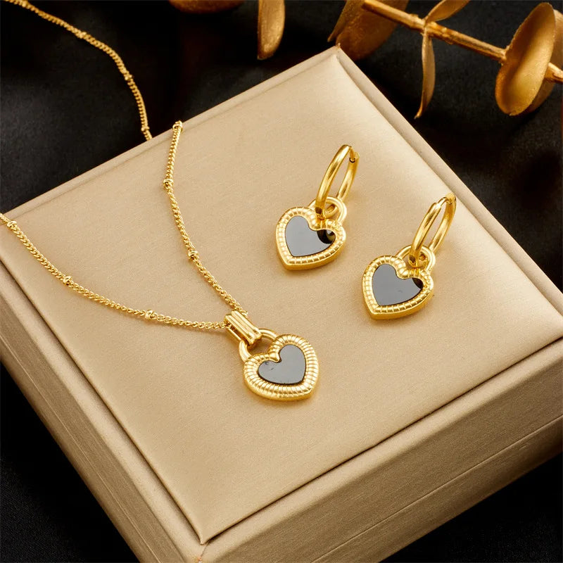New 2 Pcs 18k Gold Plated Stainless Steel Heart Jewelry Set Necklace Earrings Non Tarnish Set for Women Lady