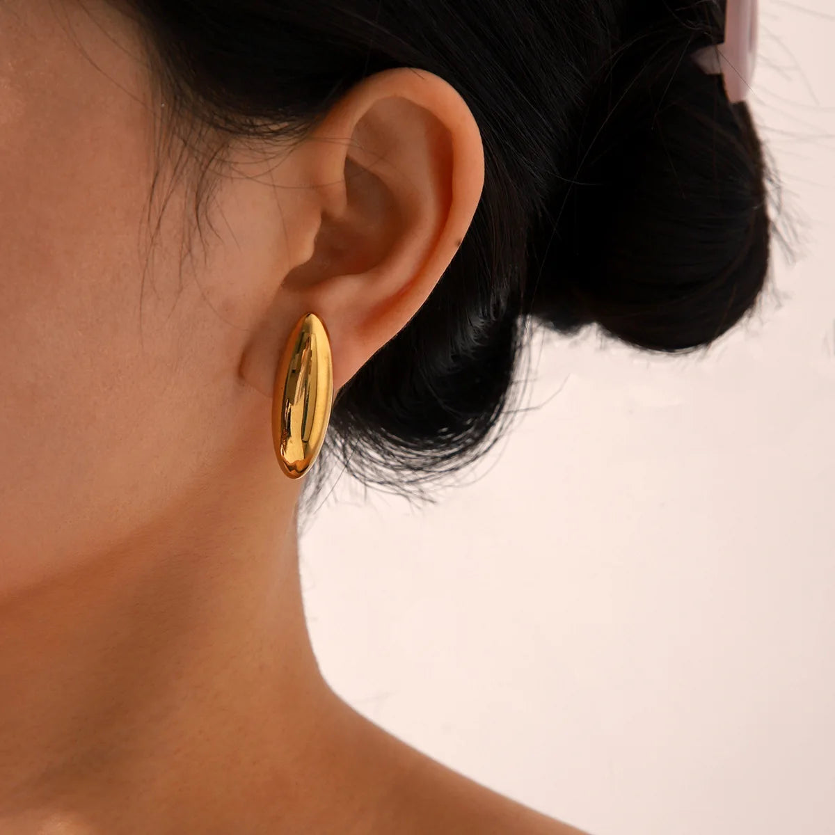 Jachon Stainless Steel Oval Smooth Stud Earrings - Fashionable Simple Long - Lasting Color - Fastening Jewelry for Women
