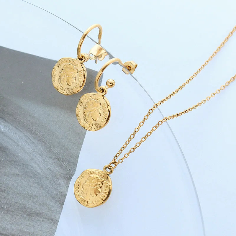 Trendy Jewelry Wholesale Earring and Necklaces Set Irregular Circle Head Portrait Pendant Necklace for Women
