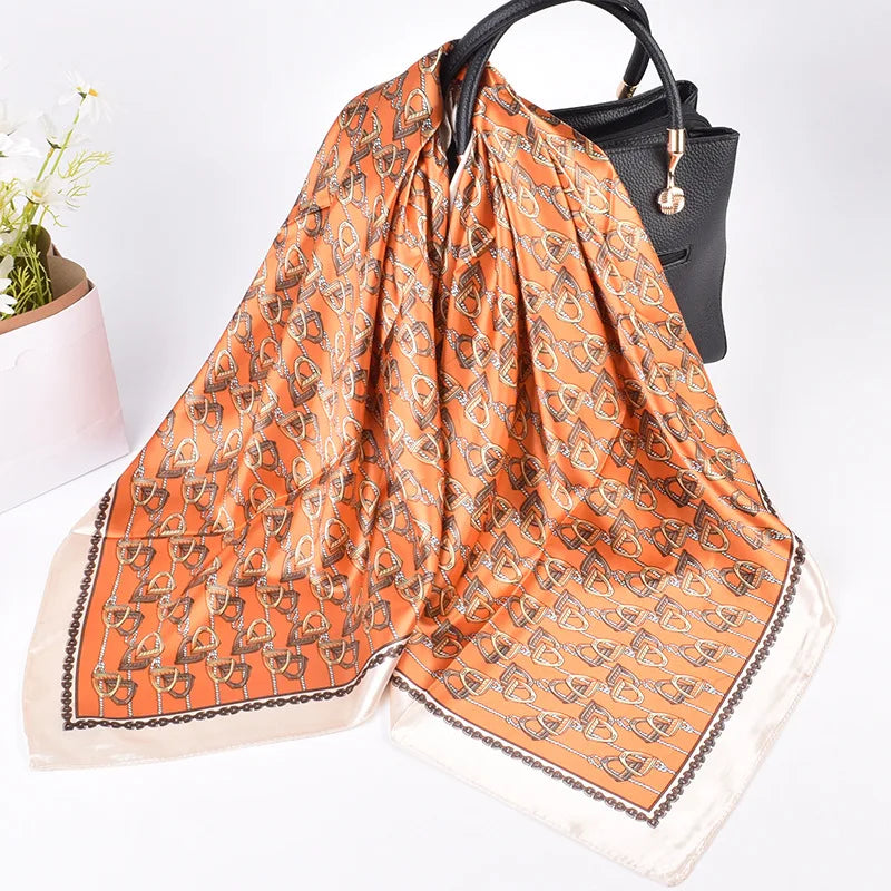 Wholesale 2024 New Custom Logo Ladies Fashion Retro Chain Pattern Printing 90 * 90 Satin Square Scarf