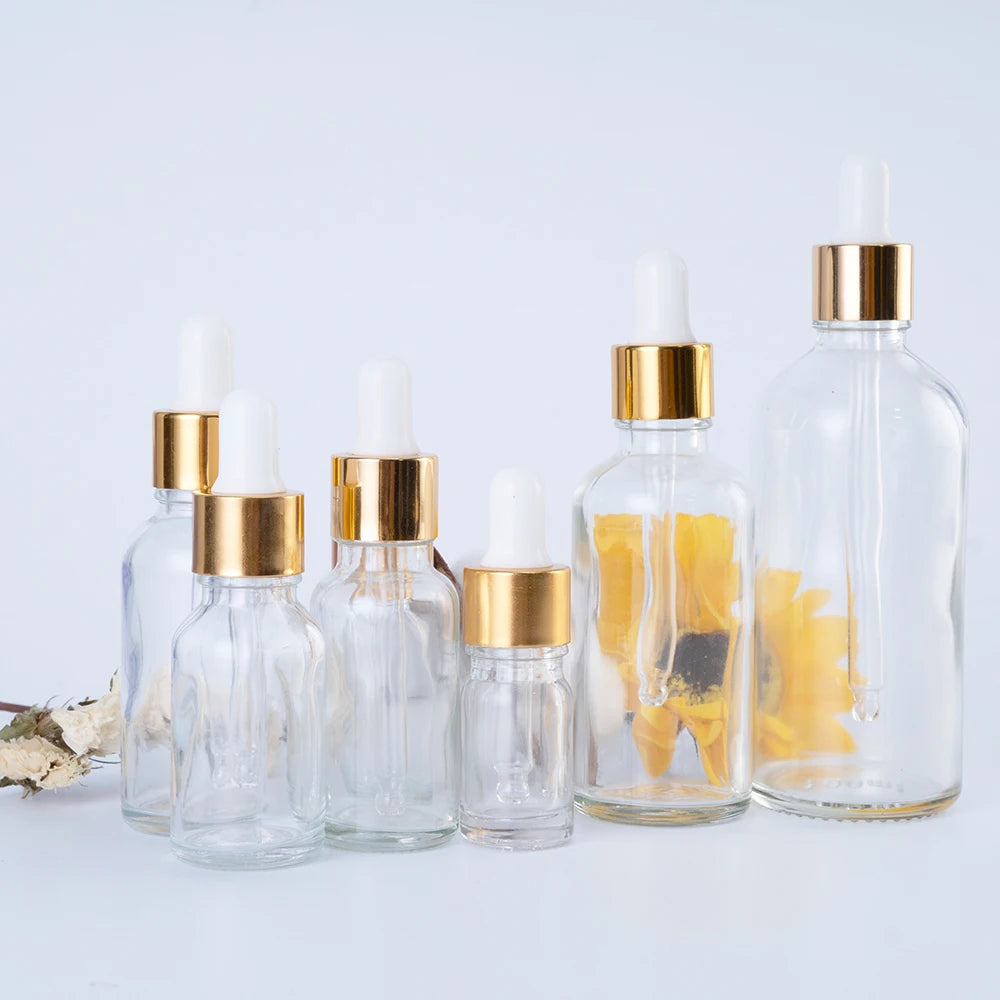 Test Sample New clear Essential Oil Glass Dropper Bottle Massage Refillable Gold Aromatherapy Essential Oil Bottle