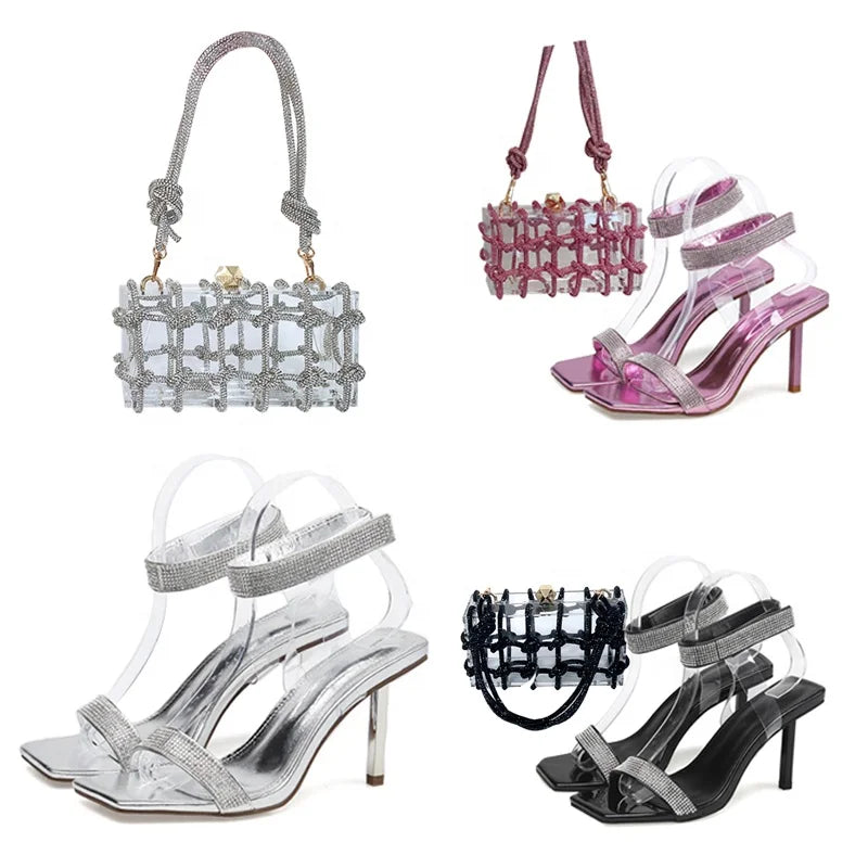 BUSY GIRL LFN4656 Sandalias De Mujer Women High Heel Shoes Sandals Matching Bag Set with Diamond Heeled Sandals