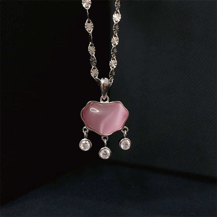 Trendy Luxury Gemstone Pendant 925 Sterling Silver Pink Chalcedony Peace Lock Pendant Necklace for Women Gifts