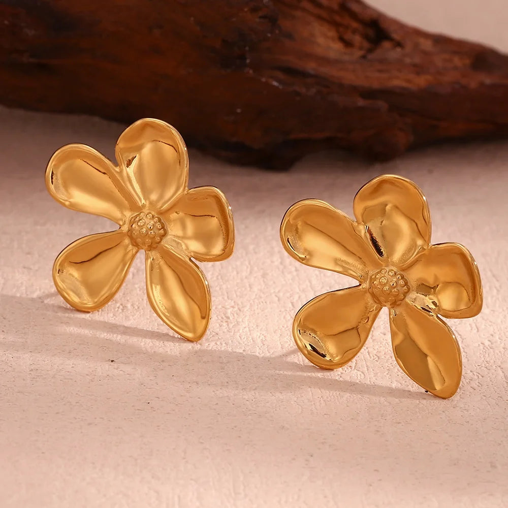 New Arrivals Flower Stud Earrings for Women Waterproof Jewelry Gold Plated Stainless Steel Earrings