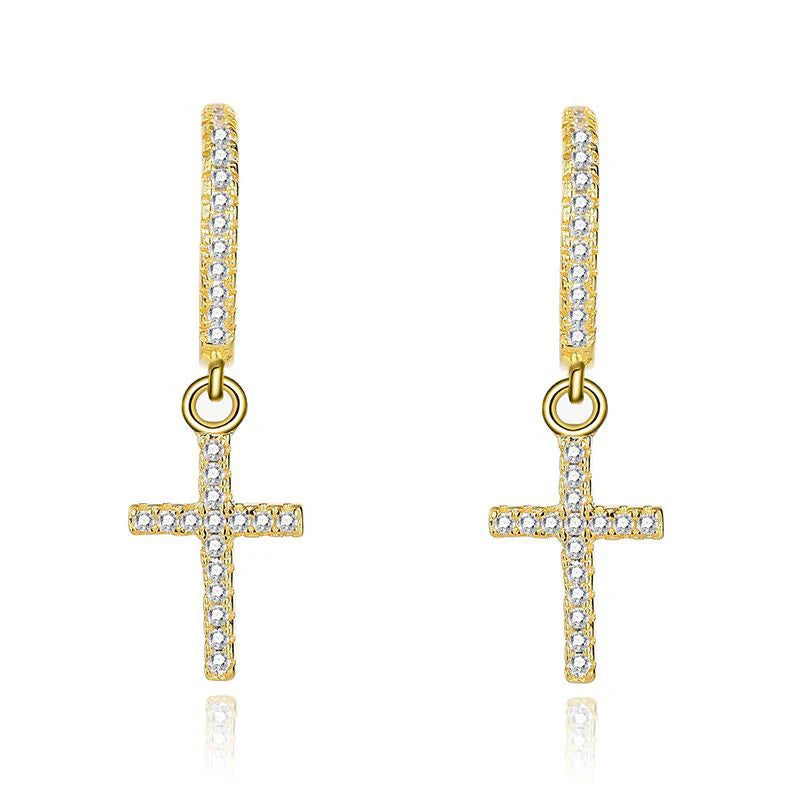 Fine jewelry 925 sterling silver simple 18k gold full CZ diamond cross shape stud earrings
