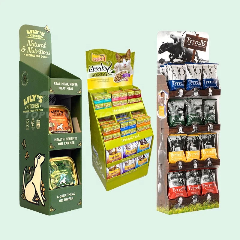 Custom Supermarket Retail Cardboard Pet Food Display Shelves Shelf Cardboard Floor Display Rack Dog Food Cardboard Display Stand