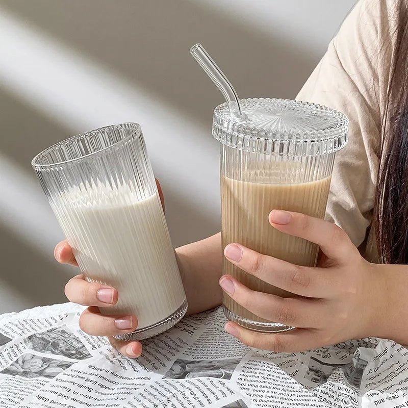 Wholesale Minimalist 375ml Summer Cold Drinks Straw Cups with Lid Coffee Cups Fruit Juice Glass Water Cups