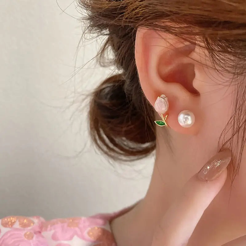 Pendientes De Flore  Pink Flower Tulip Earrings Elegant Enamel Tulip White Pearl Earrings Pendientes De Perlas