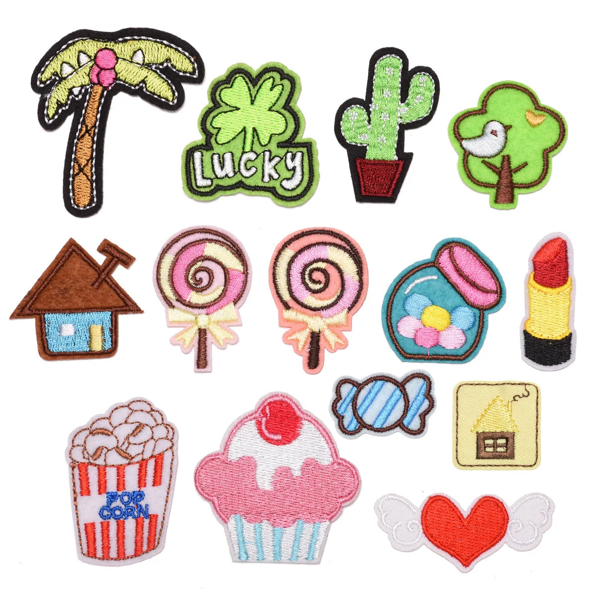 Wholesale Cute Lucky Iron on Patches Cartoon Lollipop Cactus Embroidery Patches Custom Design Your Own Patch for Clothing