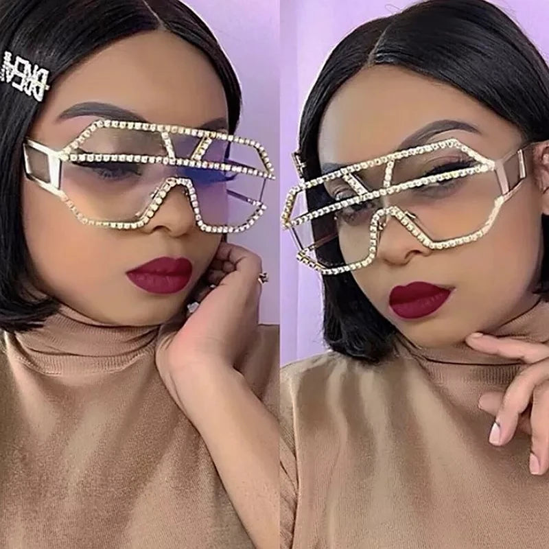 4043 Luxury Vintage Diamond Sunglasses One-Piece Square Rhinestone Oversized Sunglasses