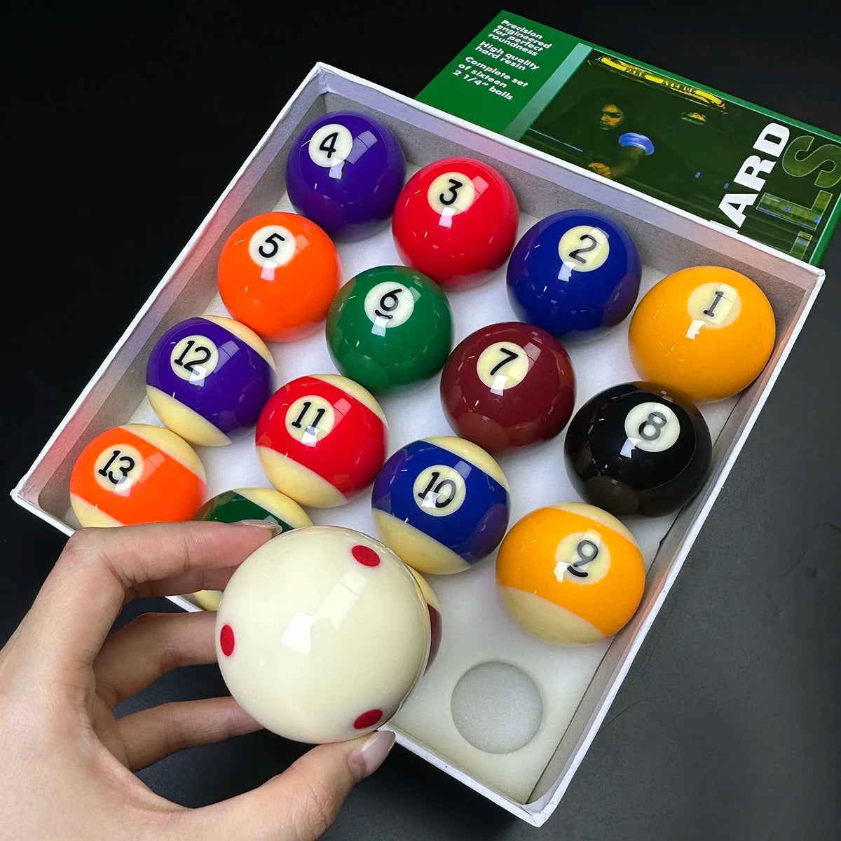 4A Grade Hard Resin Durable Shining Billiard Balls Diameter 57.2mm 2-1/4" with 6 Red Dot Cue Ball Set of 16pcs