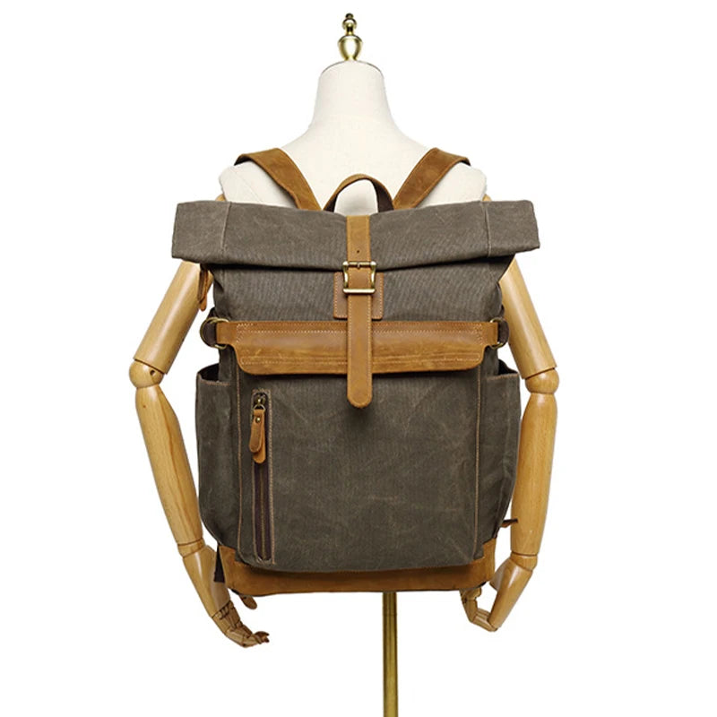 BEARKY BSCI Factory Men's New School Rucksack Rustic Elegant Vintage Waxed Canvas Roll Backpack Functional for Camping