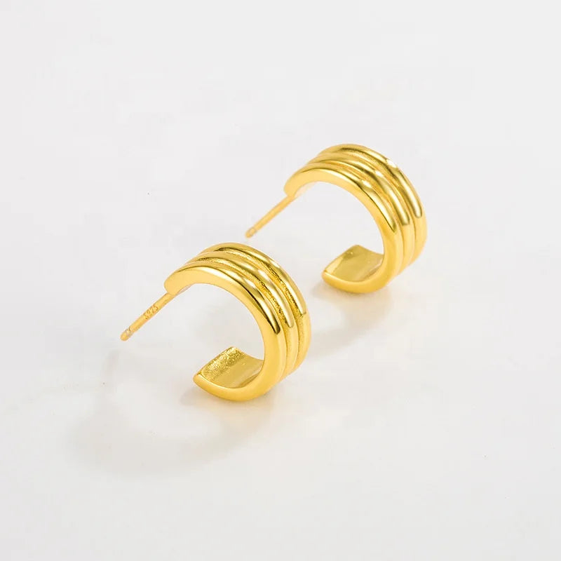 Exquisite Small Metal Texture Earrings S925 Sterling Silver Daily Minimalist C Ring Three-layer All-match Earrings Trend Jewelry