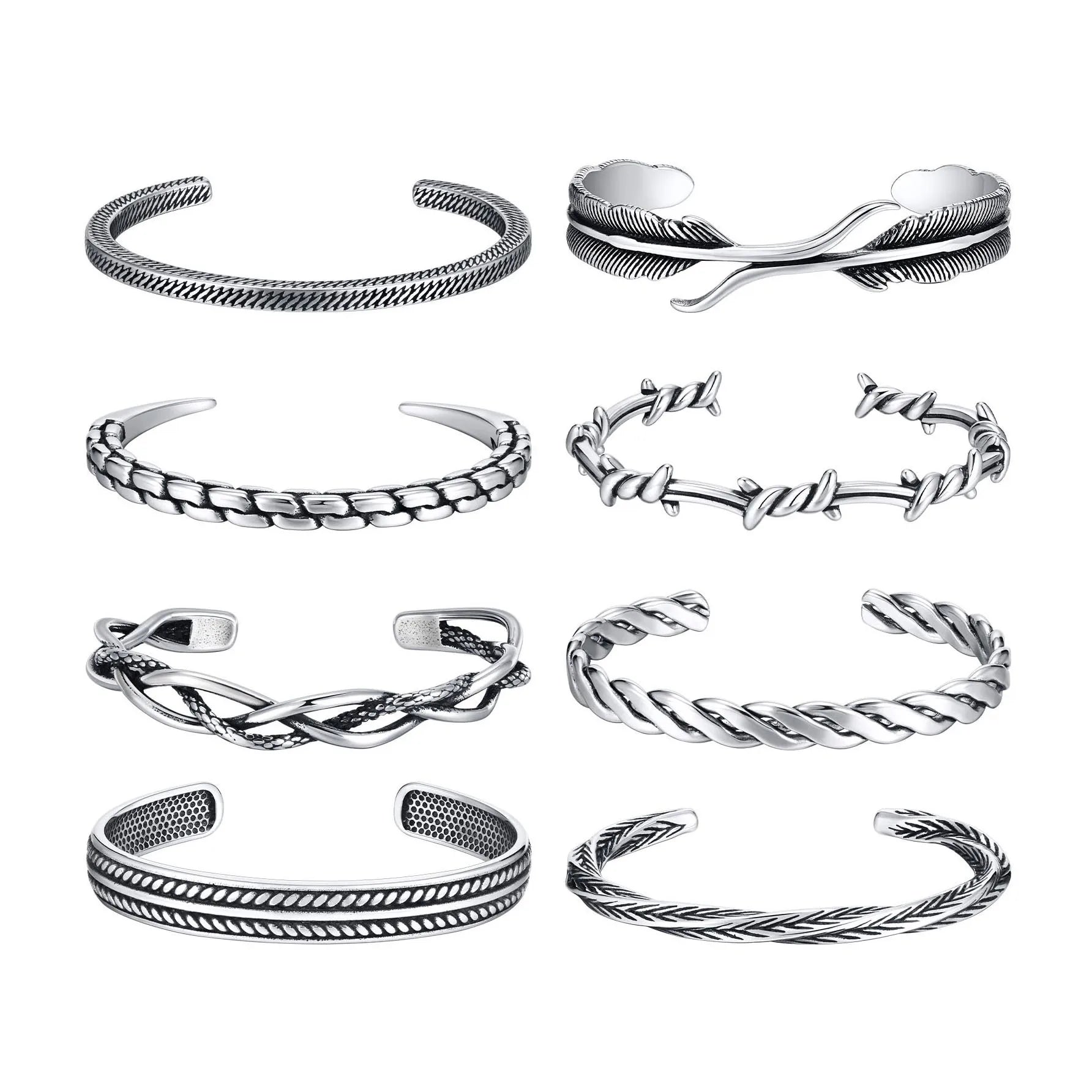 New Retro Punk 8 Design Exaggerated Stainless Steel Vintage Color Feather Mobius Open Bangle&Bracelet for Men B-508