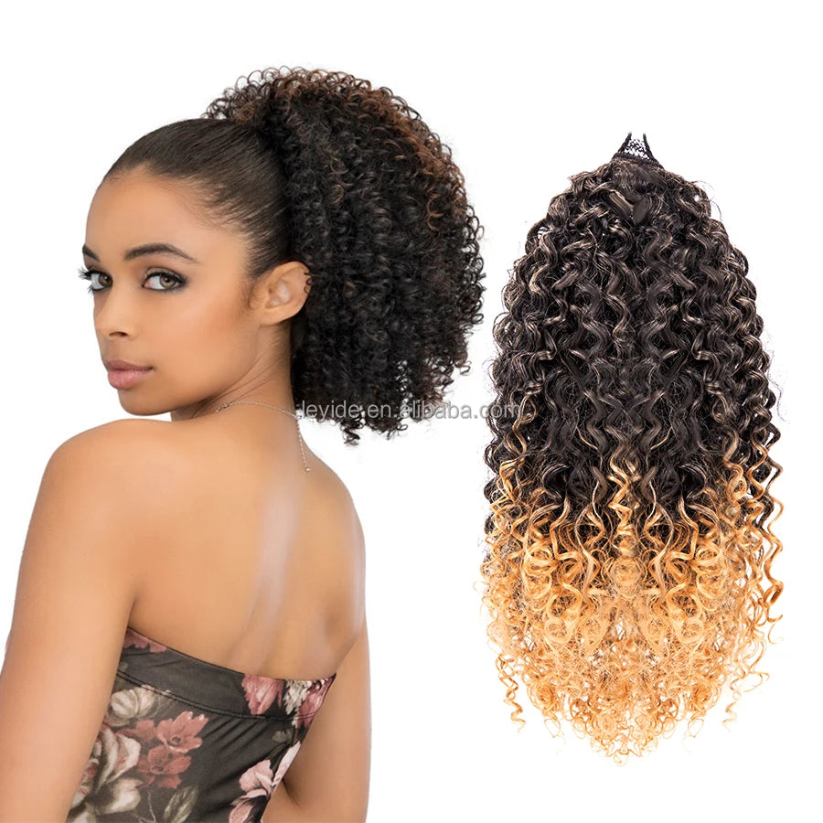 AliLeader Kinky Curly Heat Resistant Fiber Ponytail Synthetic Hair Drawstring Ponytail With Clips for Black Women