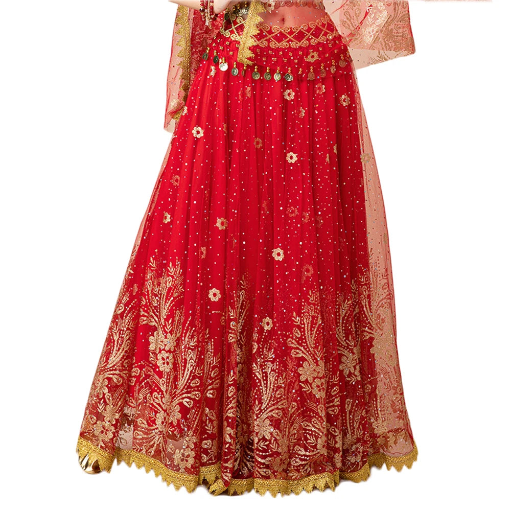 Women's Exquisite Large Circular Princess Golden Floral Print Dress with Lace for Indian Belly Dance Performance Half Skirt