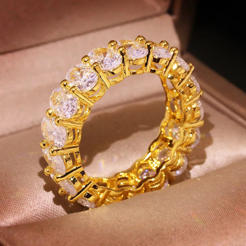 New Trendy 18K Gold Plated Clear Full CZ Crystal Finger Rings Wedding Engagement Bands Oval Cubic Zirconia Ring for Women