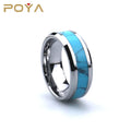 Poya 8mm Polished Beveled Flat Silver Plated Tungsten Ring With Turquoise Inlay
