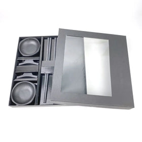 Japanese Nature Stone Black Slate Plate Melamine Sauce with Fiberglass Chopsticks Dinnerware Set for 2 Person Gift Set