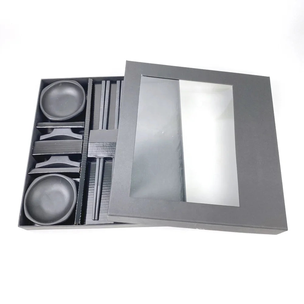 Japanese Nature Stone Black Slate Plate Melamine Sauce with Fiberglass Chopsticks Dinnerware Set for 2 Person Gift Set