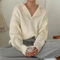 Casual Chic Loose Turn-down Collar Women Knitted Jumpers 2024 Autumn New Full Sleeve Female Solid Pullover Sweaters