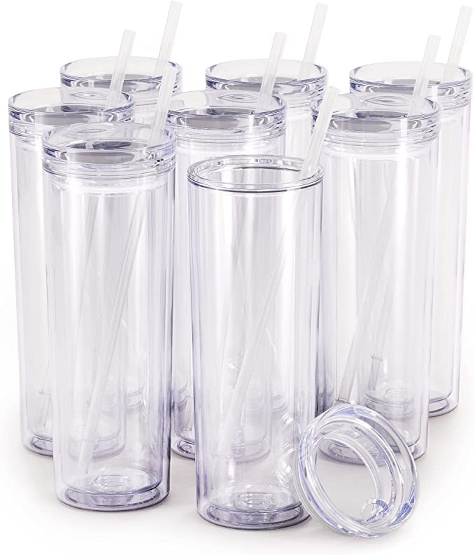 Custom Logo Double Walled clear Plastic Acrylic Drinkware Skinny Tumbler with Straw