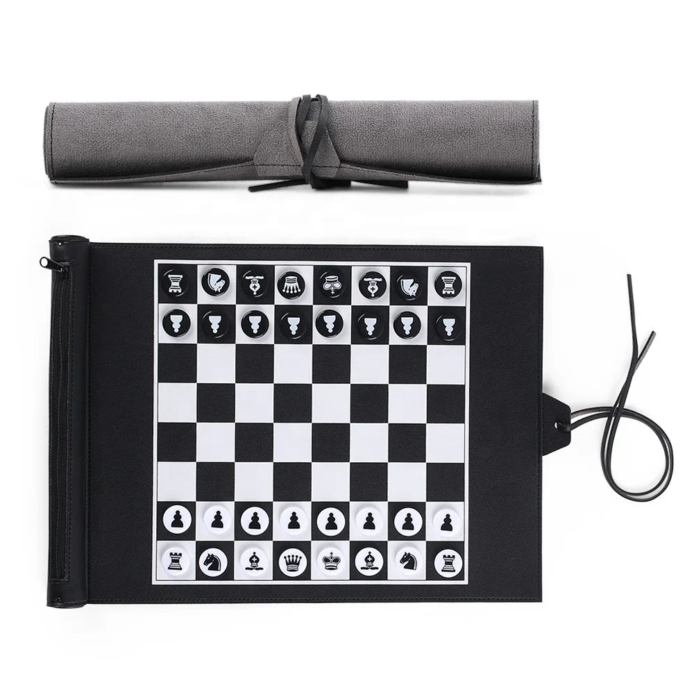 2023 Luxury Portable Leather Roll Travel Chess Checkers Set High Professional Board Games Adults Manufacturer's Custom Design MegaBDM