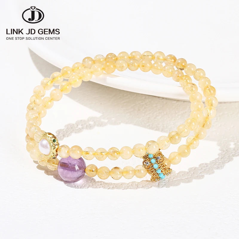 JD GEMS Hot Selling Women Charm Handmade Bangle Natural Citrine Amethyst Lucky Ring 2-Layer Bracelet for Gift