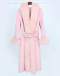 OFTBUY 2023 Women's X-Long Woolen Coat with Smooth Fur Hood and Belt Loose Soft Real Fur Front Cashmere Blends