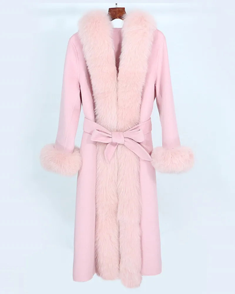 OFTBUY 2023 Women's X-Long Woolen Coat with Smooth Fur Hood and Belt Loose Soft Real Fur Front Cashmere Blends
