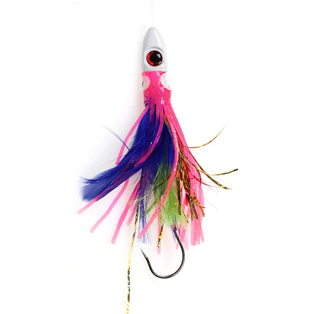 5.1''/18g Jig Head Squid Skirt Feather Lure Pre Tied Hook & Line Saltwater Fishing Trolling Octopus Bait Plastic Lure