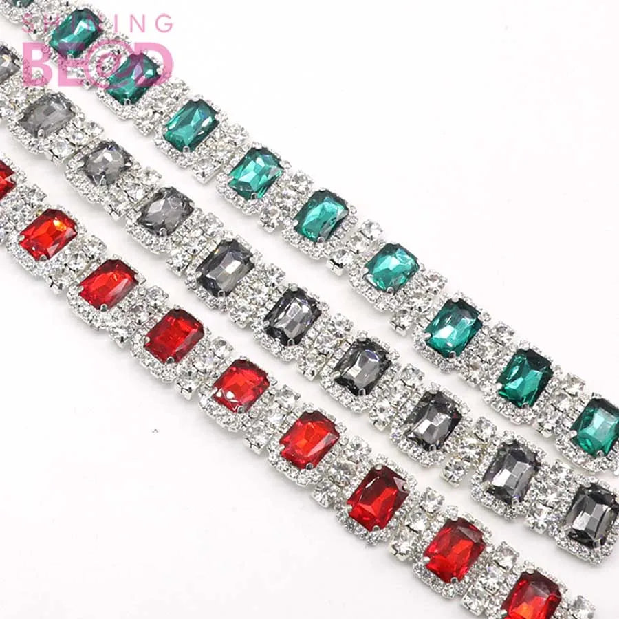 Rhinestone Bridal Trimming Chain Color Crystal Strip Banding Rhinestone Cup Chain with Multi Colors Rectangle Glass Stone