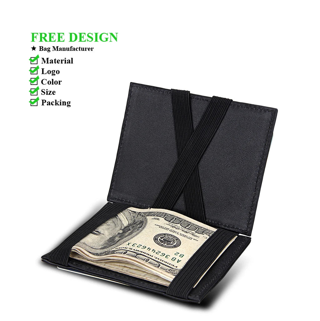 Men's Genuine Leather Magic Wallet with Slim Design Money Clip Holds 4 Cards Securely Short Length Open Closure Polyester Lining