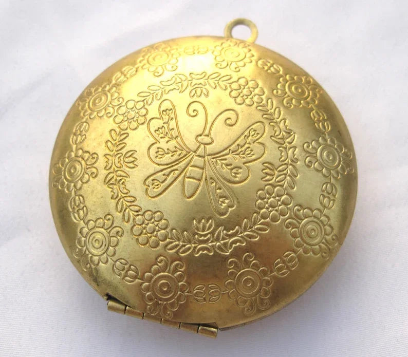 Large Photo Locket 51mm Textured Butterfly Flowers Brass Necklace Pendant