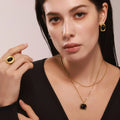 3PCS Jewellery Set 316L Stainless Steel 18K Gold Plated Natural Onyx Square Oval Green Stone Stud Earrings Necklace Ring Set