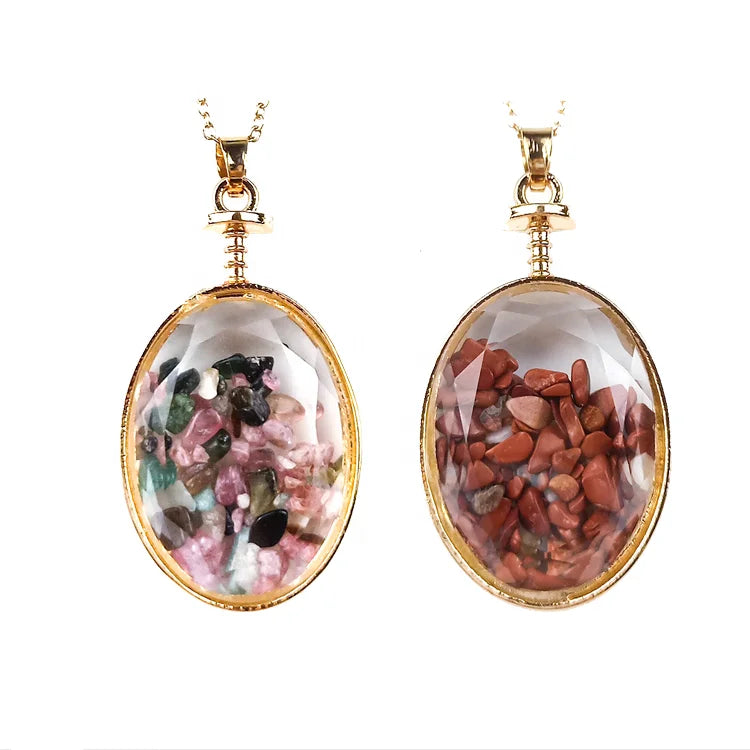 Vintage Oval Perfume Glass Wishing Bottle Pendant Colorful Crystal Healing Gemstone Tourmaline Red Jasper Chip Bead Necklace