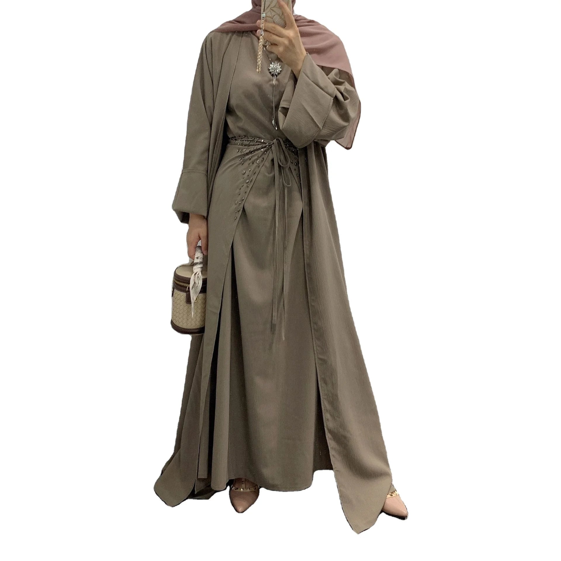 Dropshipping Diamond Middle East Islamic Clothing Dubai Modern Muslim Clothes 2 Piece Abaya Set Modest Dress L0040