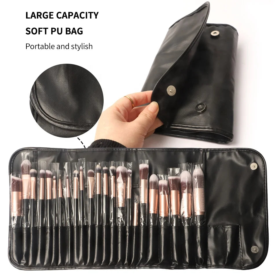 ZH Custom Vegan 24pcs Makeup Brush Set Fluffy Face Eye Fan Brush with Matte Gold Luxury Bag Wholesale for Concealer